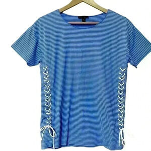 J. Crew Women’s Medium Blue Striped 100% Cotton Short Sleeve Lace Up Tee